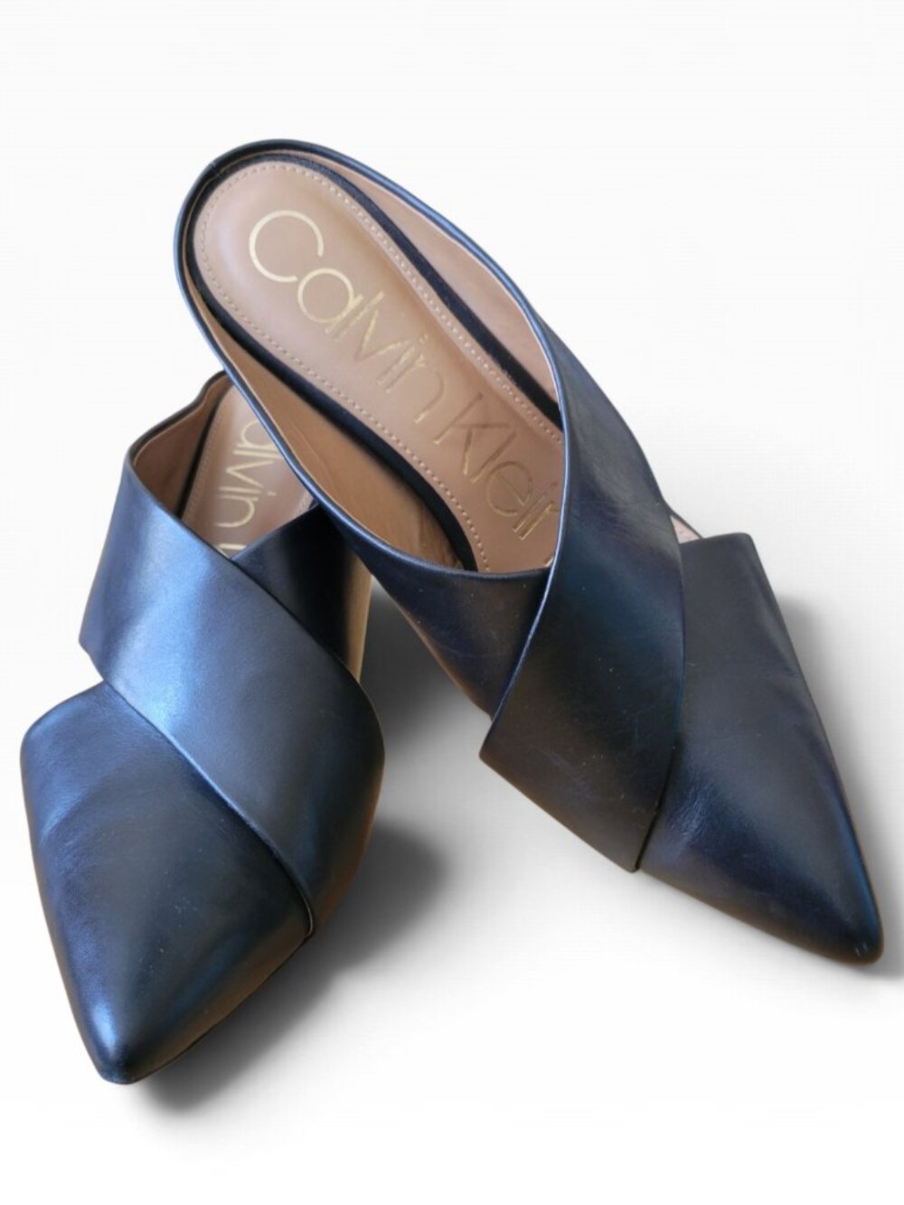 Calvin Klein Black Leather Crisscross Pointed-Toe Mule Heels (Size 8)
